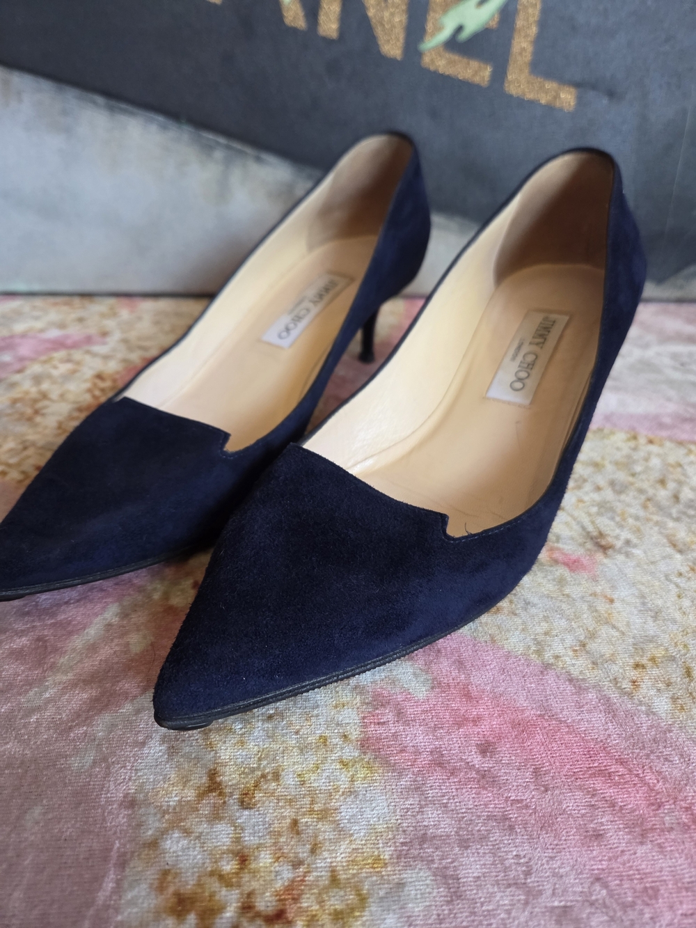 Jimmy Choo Women’s Navy Suede Pointed Toe Pumps Comfortable Low Heel Work Office